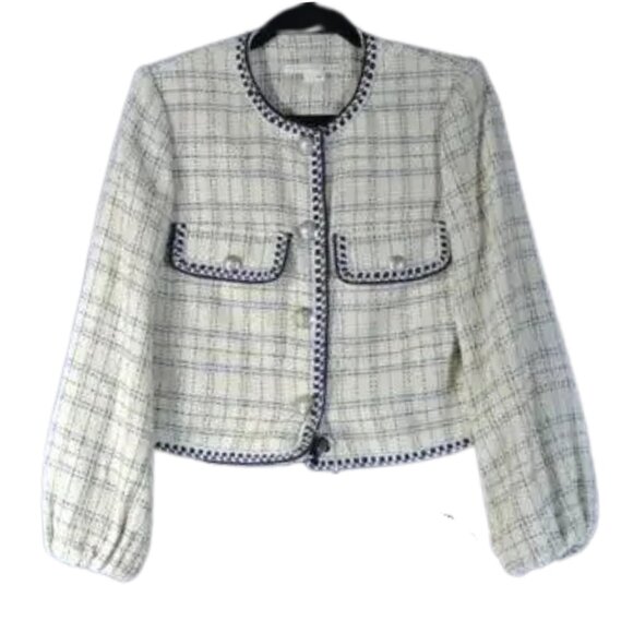 VERONICA BEARD Tweed Embroidered Contrast Stitch Collarless Blazer. Size 2. - Picture 7 of 7